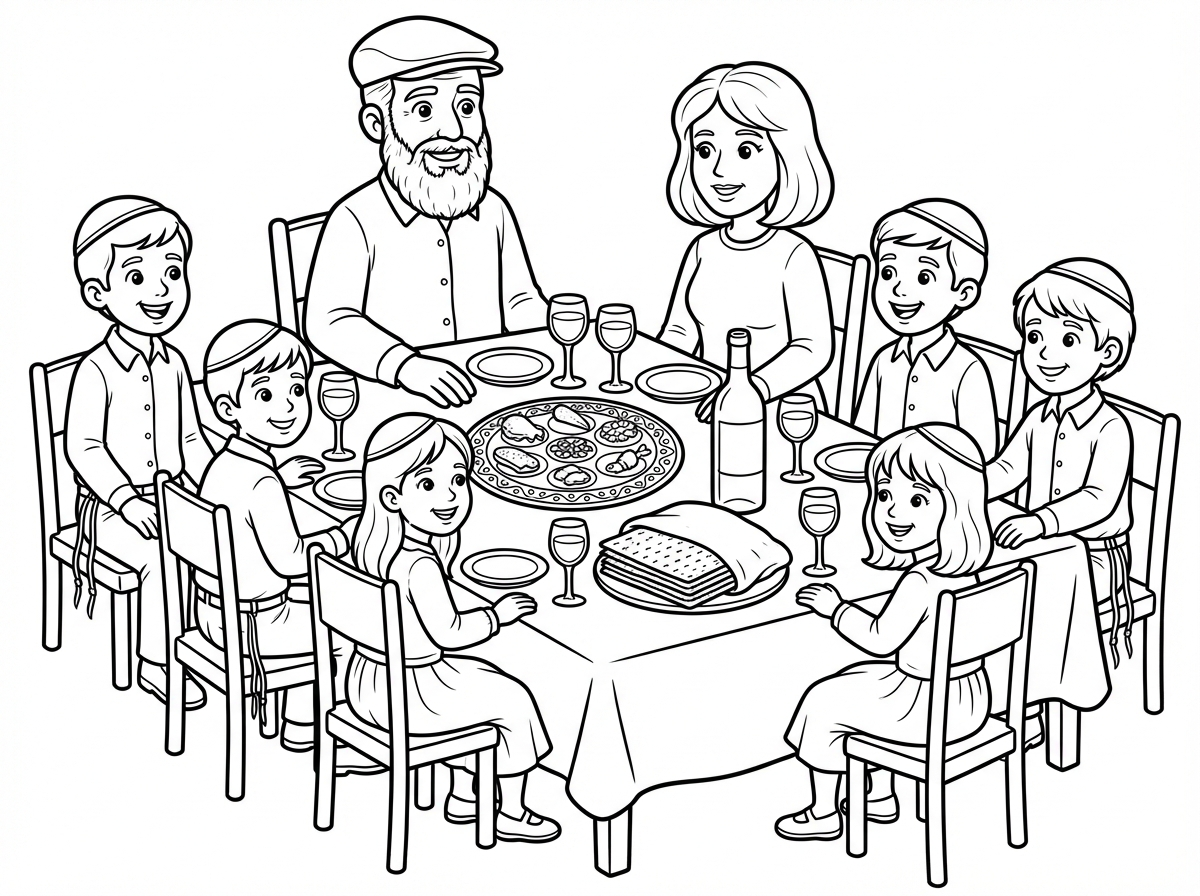 עכשיו תמונה של ליל הסדר
והיהודי הזה יושב בראש השולחן של ליל הסדר
מצות על השולחן
עם יין וכוסות
עם קערת ליל הסדר
שרואים שלוש מצות מציצות מתחת לקערה
ילדים עם כיפות חלקות 
חולצה לבנה
ומכנסיים ארוכות חוטי ציצית
לבנות שמלות חגיגיות עם שרוול ארוך שמכסה את הברך
והאשה עם שמלה שנועה וארוכה ופאה עד הכתף