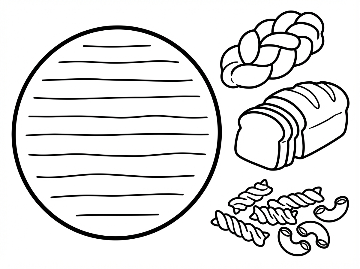 תוכל להכין לי דף צביעה לילדים קטנים מחולק ל2. 
בצד אחד רואים מצה עגולה עבודת יד משורטטת ב פס דק  עם קו קווים לרוחב בפנים
ובצד השני - לחם , חלה, פסטה