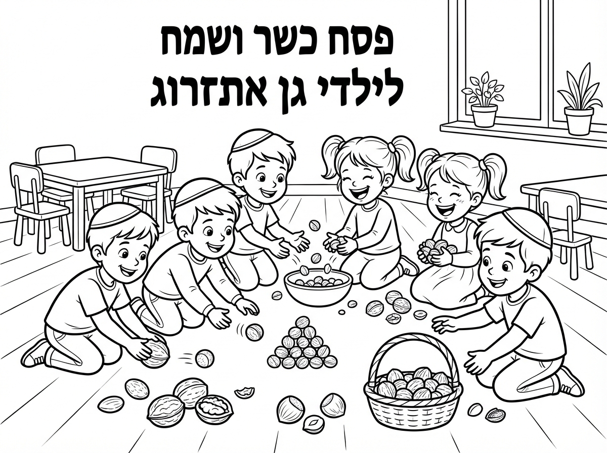 כיתוב פסח כשר ושמח לילדי גן אתרוג 
וילדים משחקים באגוזים מלמטה 
ילדים עם כיפות ובנות עם קוקיות