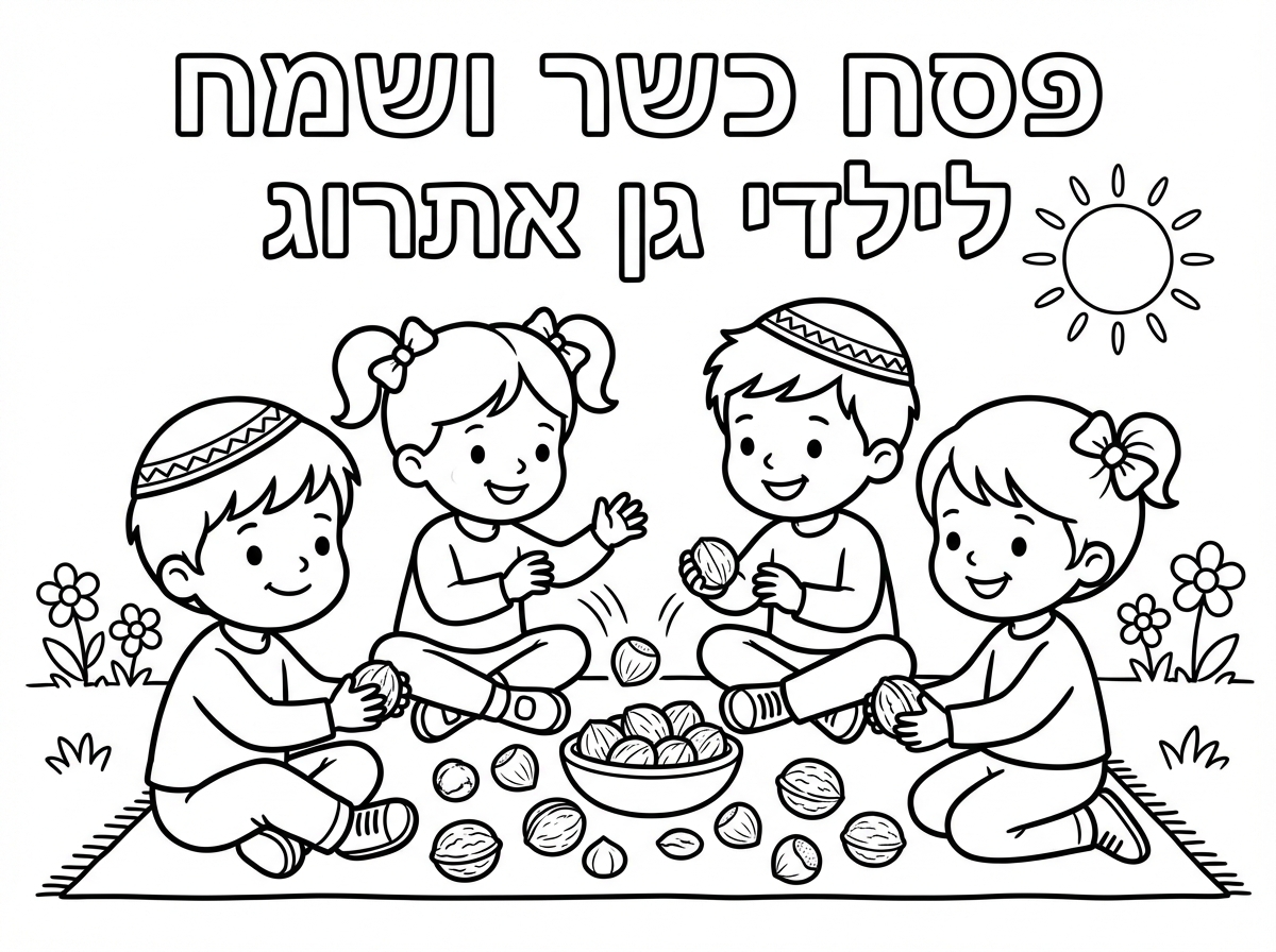 כיתוב פסח כשר ושמח "לילדי גן אתרוג" 
וילדים משחקים באגוזים מלמטה 
ילדים עם כיפות ובנות עם קוקיות
