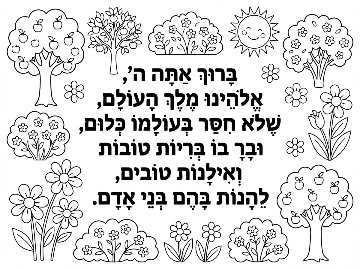 תכין לי בבקשה דף צביעה מאוייר יפה עם ברכת האילנות
 העולם ​"בָּרוּךְ אַתָּה ה', אֱלֹהֵינוּ מֶלֶךְ הָעוֹלָם, שֶׁלֹּא חִסַּר בְּעוֹלָמוֹ כְּלוּם, וּבָרָא בוֹ בְּרִיּוֹת טוֹבוֹת וְאִילָנוֹת טוֹבִים, לֵהָנוֹת בָּהֶם בְּנֵי אָדָם." 
עם עצים עם  פרחים שמש וכו