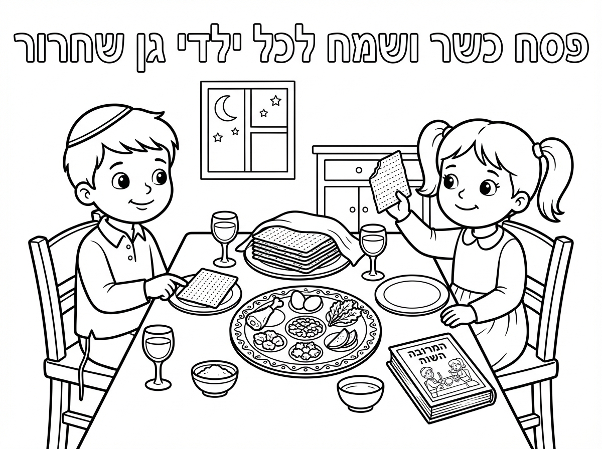 תצייר לי שני ילדים בן ובת יושבים מסביב שולחן של ליל הסדר וכתוב למעלה פסח כשר ושמח לכל ילדי גן שחרור
