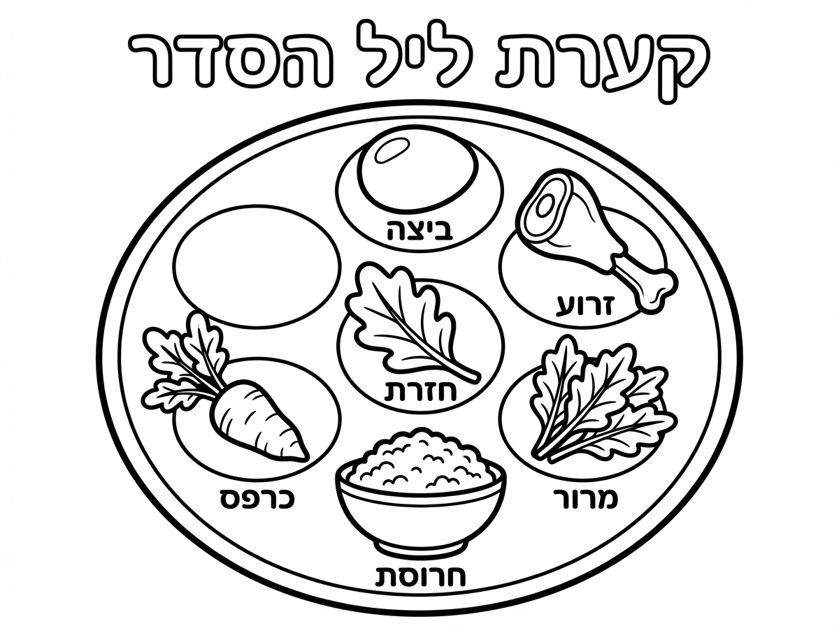 תמונה לצביעה לילדים של קערת ליל הסדר עם כל הסימנים שאוכלים וכיתוב מעל הקערה קערת ליל הסדר 
וליד כל סימן בקערה לכתוב מהו, למשל: ביצה זרוע...