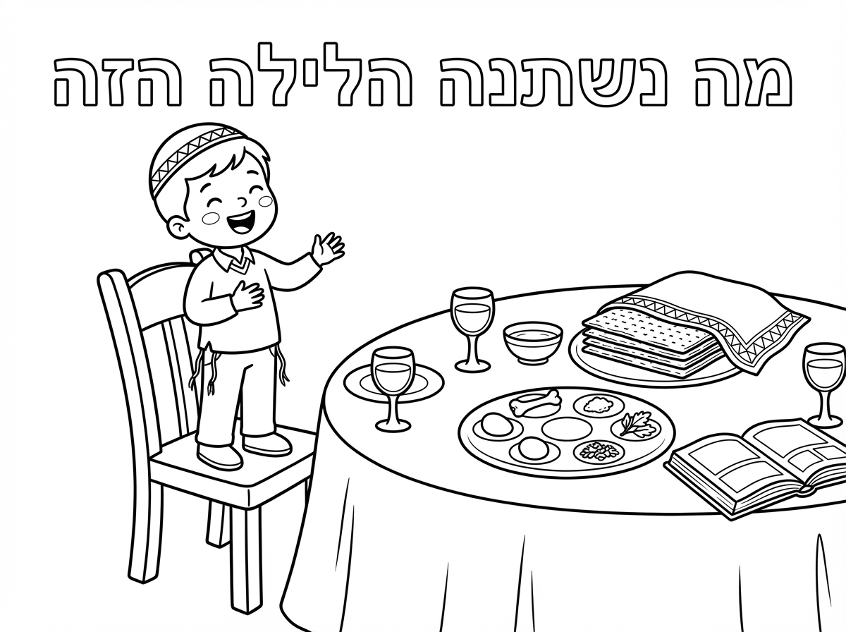 יחד עם כיפה וציצית עומד על הכיסא ליד שולחן ליל הסדר ושר מה נשתנה. 
שיהיה כיתוב למעלה מה נשתנה הלילה הזה