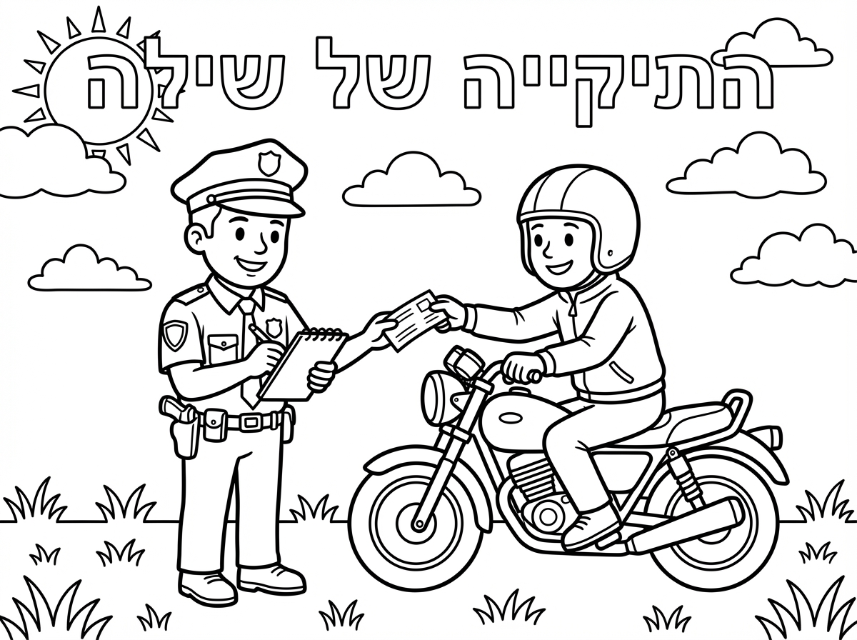 תכין לי דף צביעה של שוטר שנותן קנס לאיש עם אופנוע
שיהיה בדף שמיים, שמש, דשא.
ושיהיה כתוב 'התיקייה של שילה'