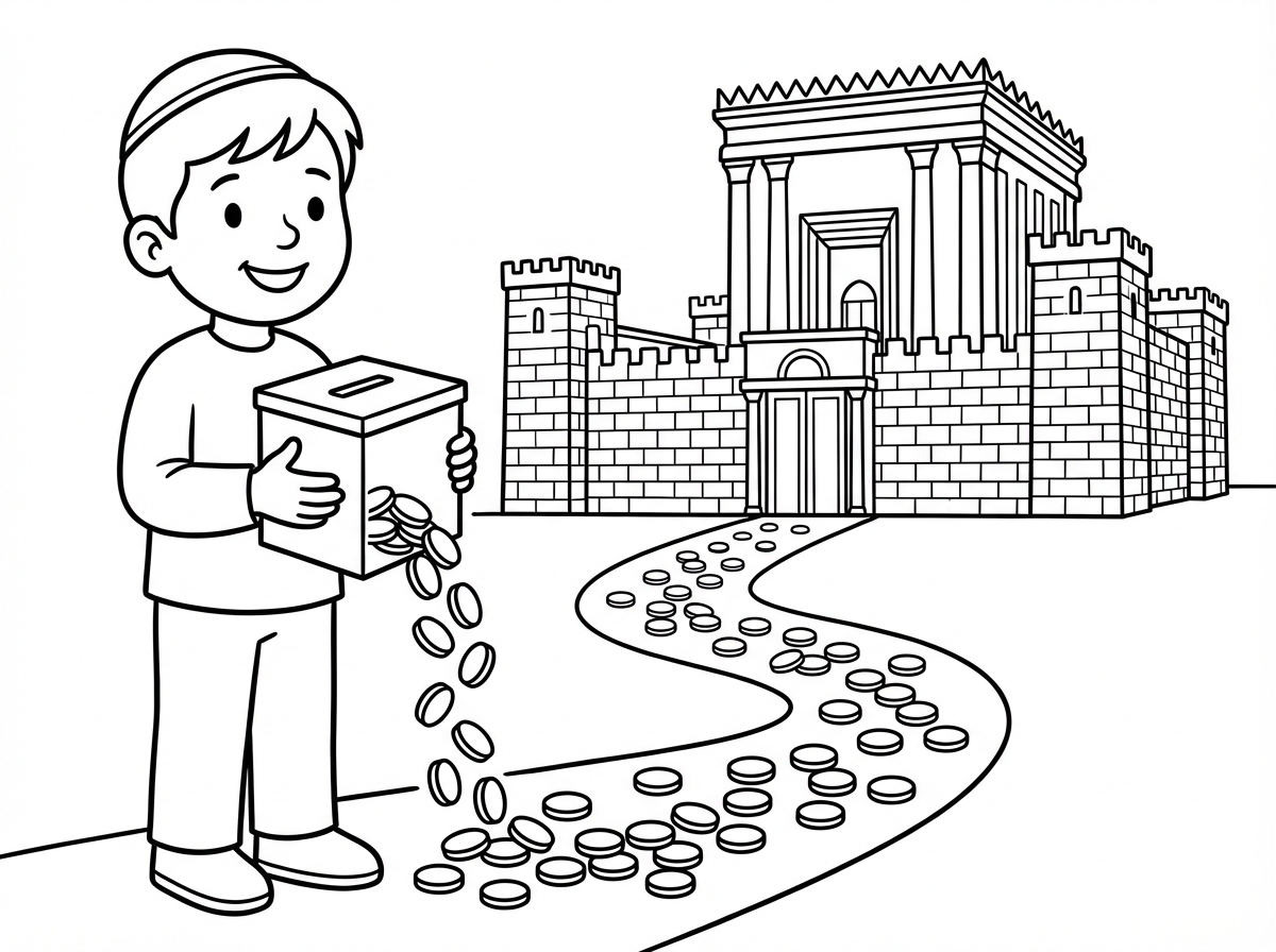 תצור דף צביעה של ילד יהודי עם כיפה בלי פאות, נותן מטבעות צדקה, מקופת צדקה משתלשלות מטבעות שיוצרות שביל לבית המקדש.