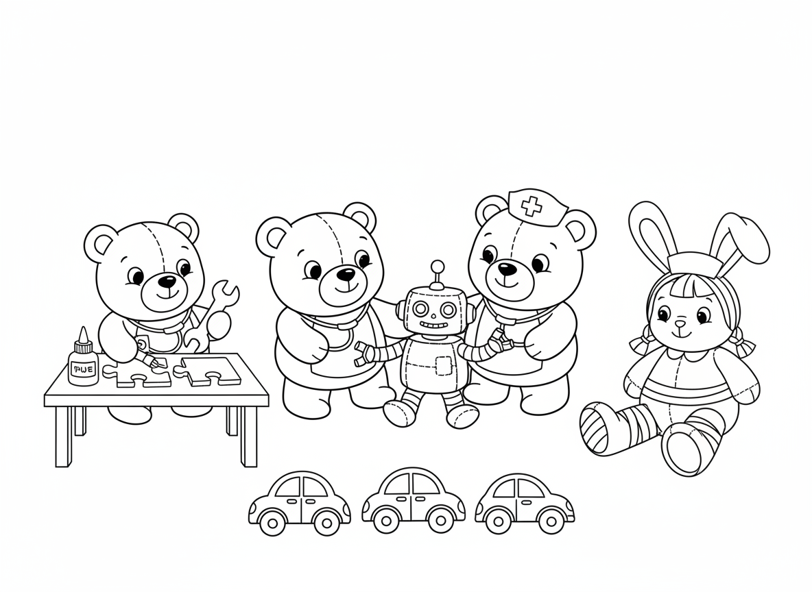 בית חולים לצעצועים שבורים - דובונים רופאים עם סטטוסקופים, בובות אחיות חובשות ארנב פרווה קרוע, מכוניות צעצוע מחכות בתור לתיקון גלגלים, קופץ מקופסה מתקן את הקפיץ, וחלק פאזל מודבק בחזרה