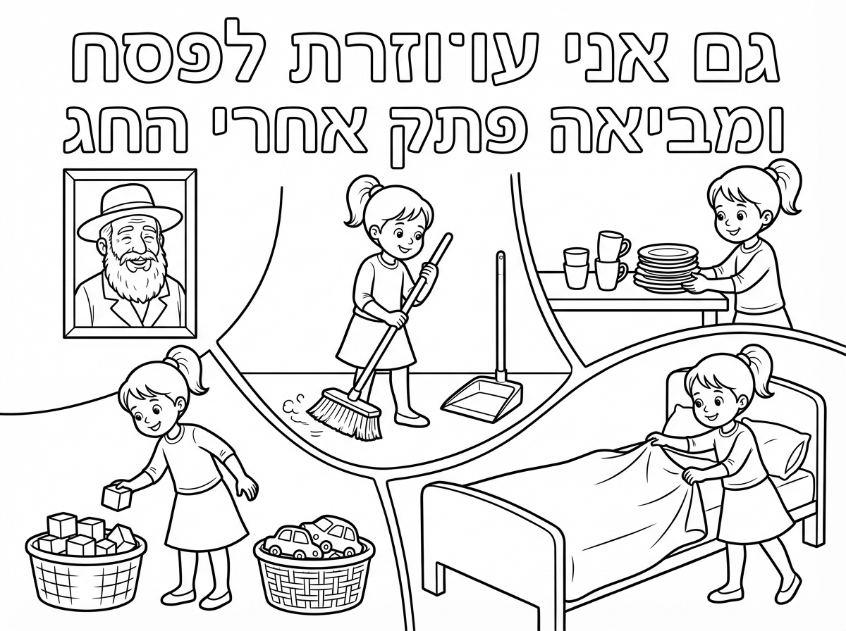 דף צביעה

כותרת

גם אני עוזרת לפסח
ומביאה פתק אחרי החג

ילדה קטנה
עם חצאית שמכסה את הברך
גרביןנים
חולצה שמכסה את המרפק
שער אסוף בלי מטפחת ובלי כיפה

תמונה של הרבי מחייך

ילדה מטאטא את הריצפה

ילדה מפנה צלחות מהשולחן

ילדה מסדרת קוביות ומכוניןת בשתי סלסלות נפרדות

ילדה מסדרת את המיטה