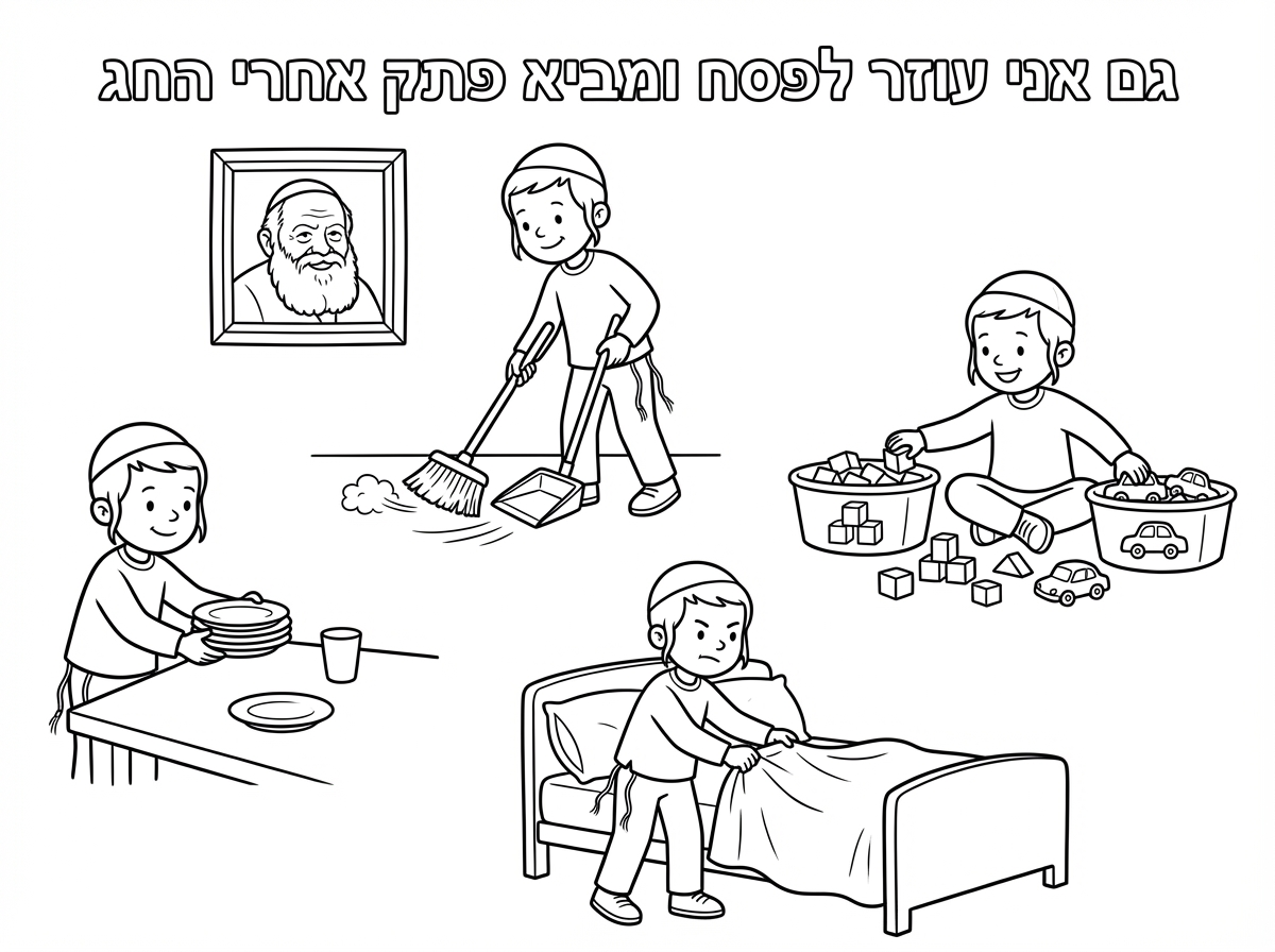 דף צביעה

כותרת

גם אני עוזר לפסח
ומביא פתק אחרי החג

ילד קטן
עם  כיפה חלקה
פיאות קצרות ןדקות בקושי רואים אץ הפיאןת
חולצה
מכנס ארוך עם חוטי ציצית

תמונה של הרבי מחייך

ילד מטאטא את הריצפה

ילד מפנה צלחות מהשולחןה
ילד מסדר קוביות ומכוניןת בשתי סלסלות נפרדות

ילד מסדר את המיטה