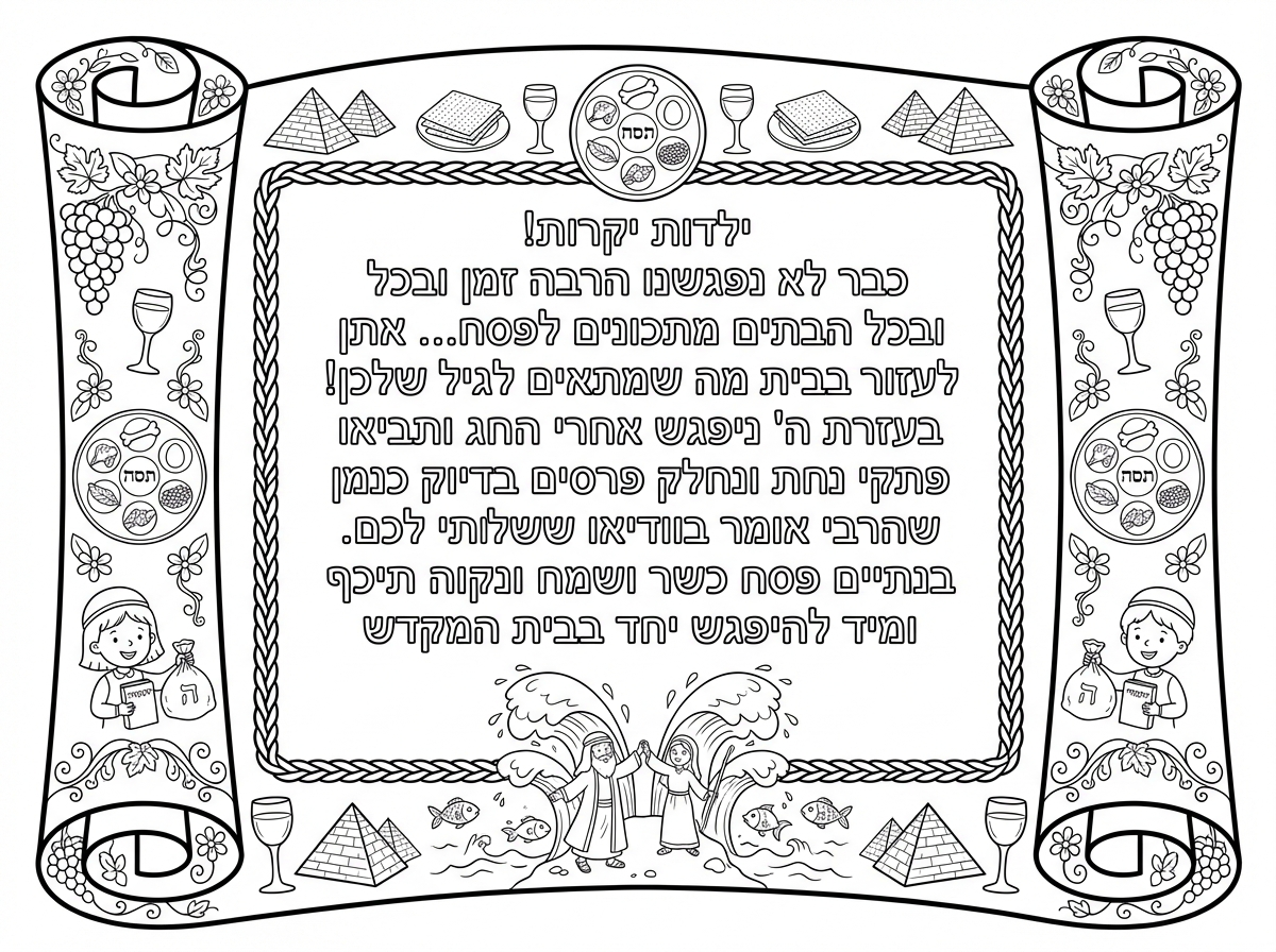 מכתב מהגננת לילדים 
כמו אגרת-מגילה

ילדות יקרות!
כבר לא נפגשנו הרבה זמן
ובכל הבתים מתכונּים לפסח...
גם אתן יכולות לעזור בבית
מה שמתאים לגיל שלכן!
בעזרת ה' ניפגש אחרי החג
ותביאו פתקי נחת
ונחלק פרסים
בדיוק כמן שהרבי אומר בוודיאו ששלחתי לכם.
בנתיים פסח כשר ושמח
ונקוה תיכף ומיד להיפגש יחד בבית המקדש