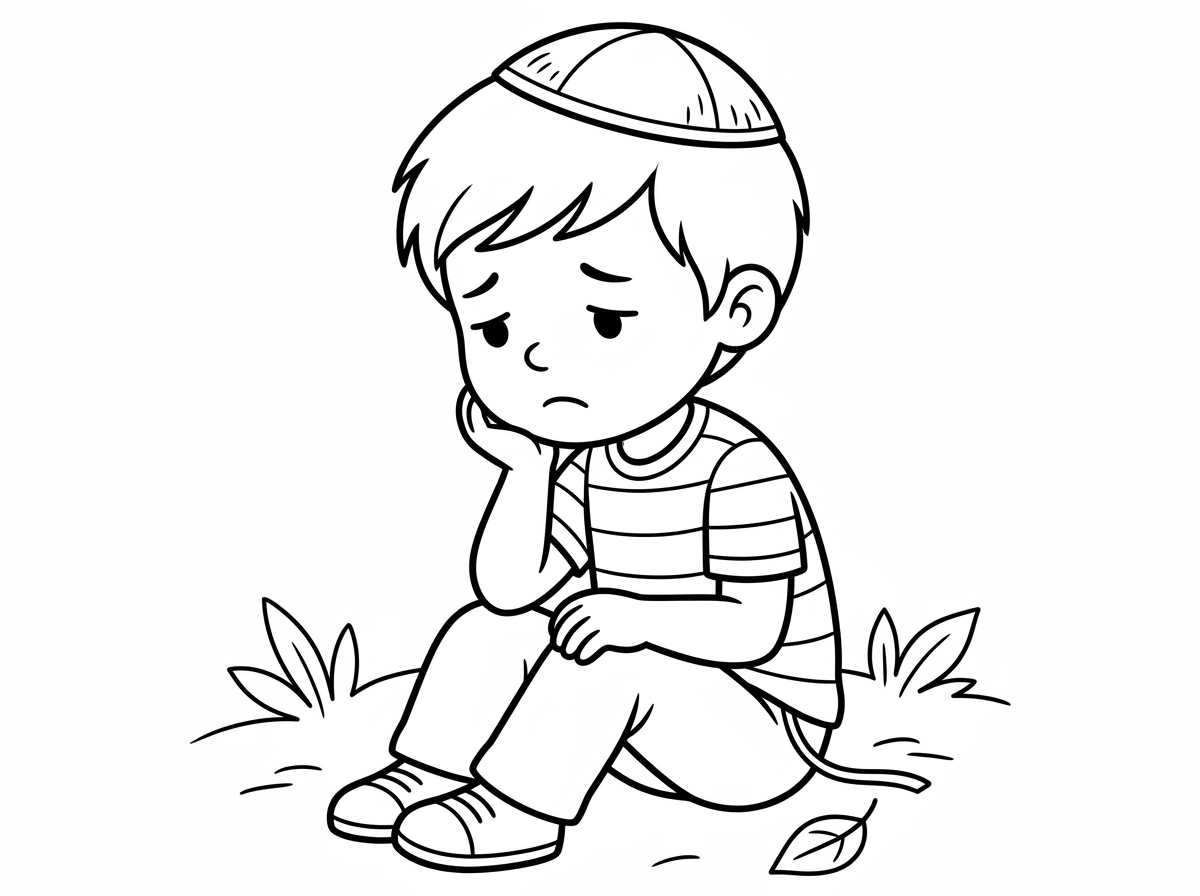 ילד צעיר עם כיפה עצוב