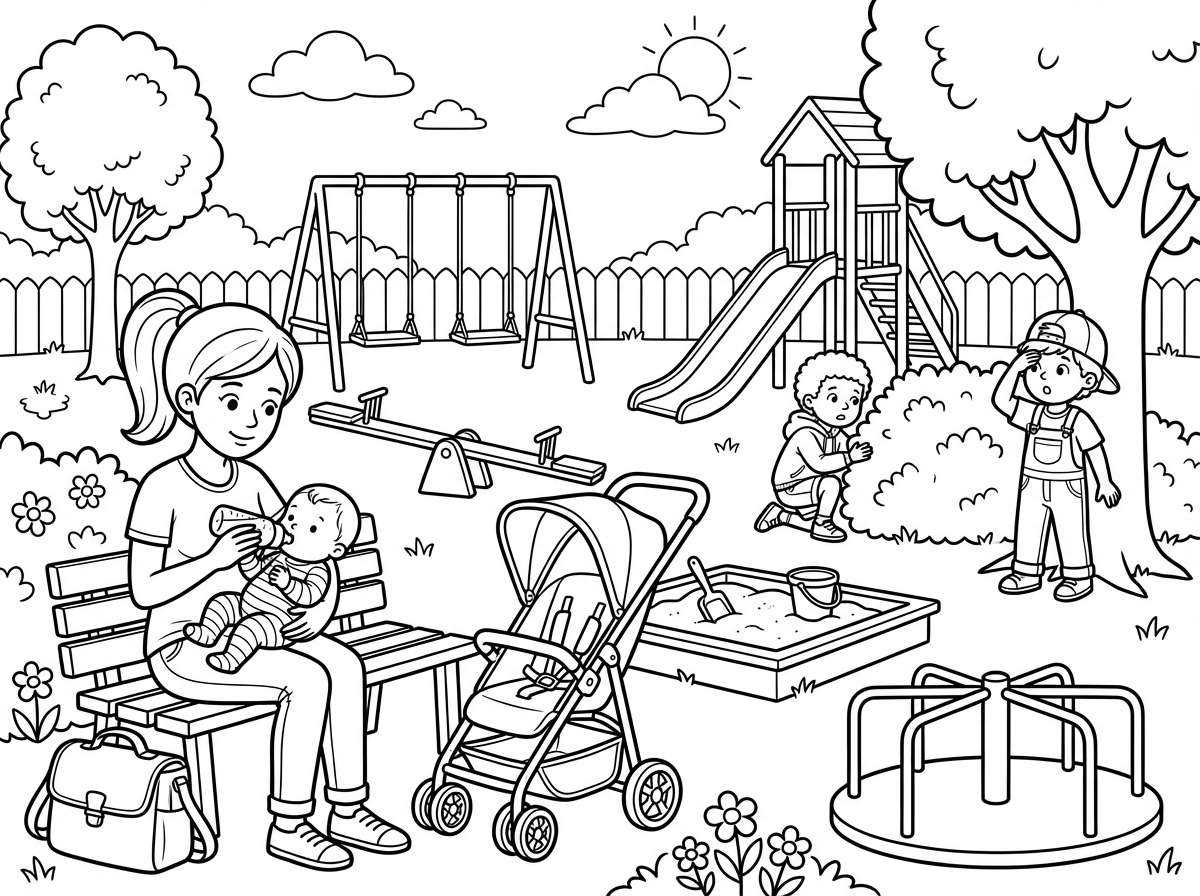 אמא מאכילה את התינוק שלה בגן השעשועים. ושני ילדים משחקים מחבואים