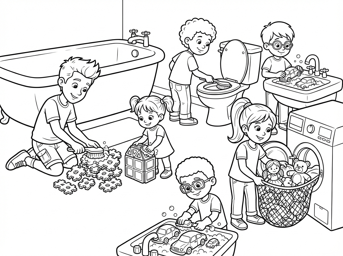 שינית לחלוטין- מה יהיה איתך? הם אמורים להיות באמצע ניקיון כמו שאמרתי לך מקודם.... מזכירה את ההוראה: תן לי שוב את הילדים האלו בדיוק! הילד הגדול ישטוף חלקי קליקס באמבטיה, הילדה הקטנה תעמוד לידו ותשטוף משחק מגנטים,הילד שמנקה כאן את החלון, ינקה את השירותים והילד הנוסף ישטוף מכוניות בכיור, הילדה הגדולה  תכניס למכונת הכביסה רשת עם בובות ודובונים. ולא לשנות את הדמויות בכלל! שיהיו אותם דמויות מבתמונה הקודמת!!!