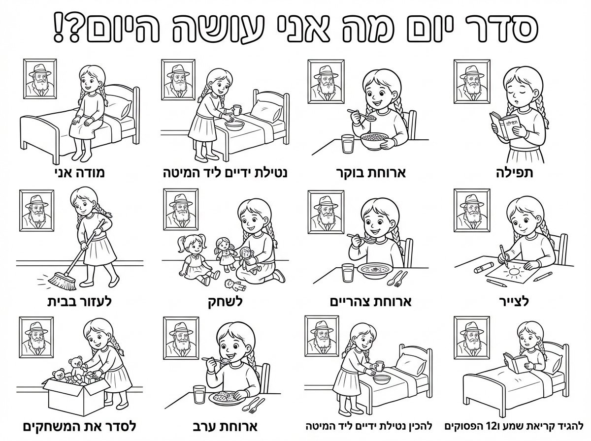 שלא יהיה בכלל דובים וחיות טמאות

כן לשלב תמונה של הרבי מחב״ד מחייך

סדר יום
מה אני עושה היום?!
מודה אני
נטילת ידיים ליד המיטה
ארוחת בוקר
תפילה
לעזור בבית
לשחק
ארוחת צהריים
לצייר
לסדר את המשחקים
ארוחת ערב
להכין נטילת ידיים ליד המיטה
להגיד קריאת שמע ו12 הפסוקים

הכל ילדה עם חולצה ארוכה
שמכסה את המרפק
חצאית שמכסה את הברכיים
גרביון לבן
וצמות
