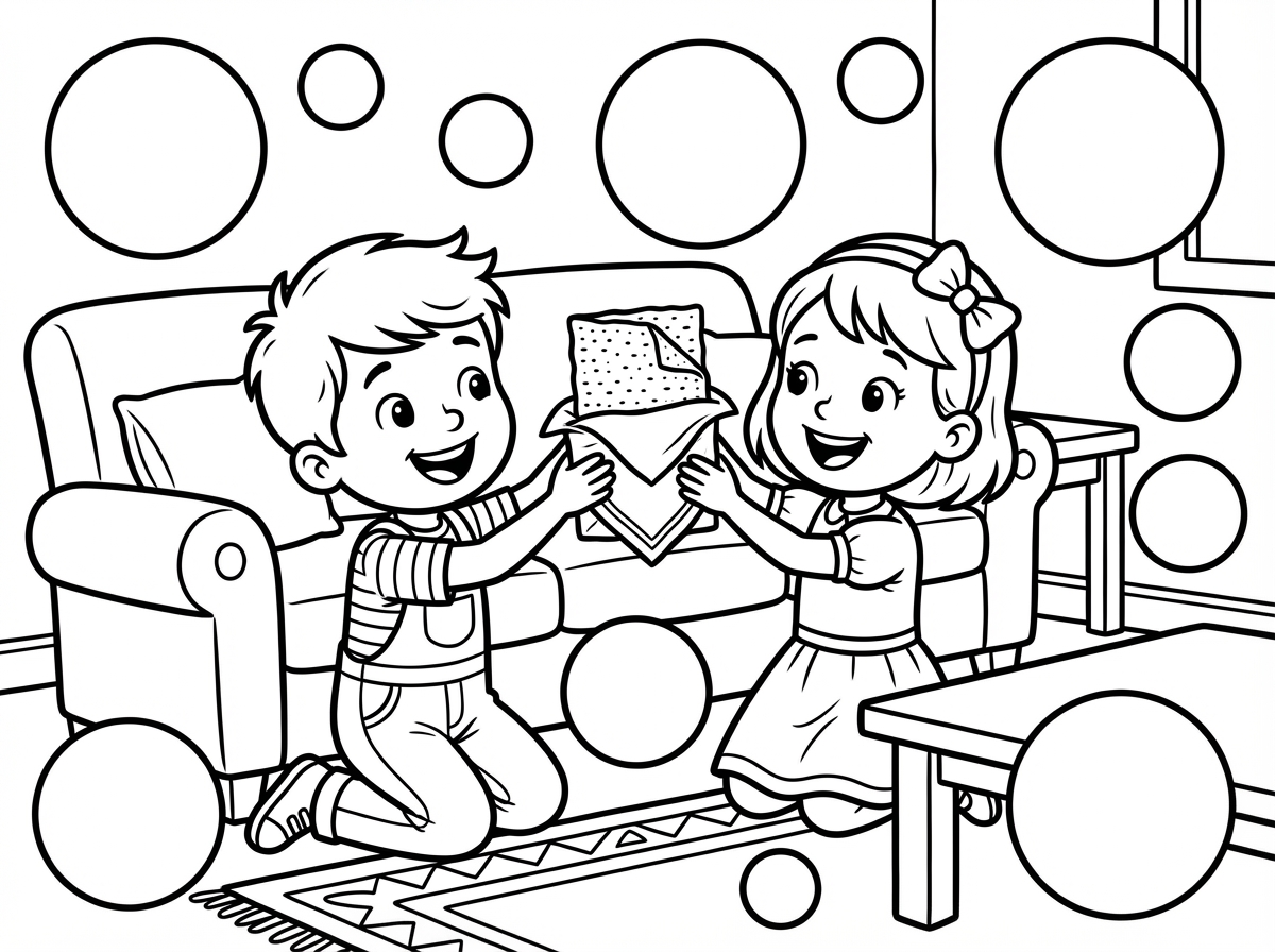 ילד  וילדה מוצאים  אפיקומן שמחים עם עיגולים מסביב שיוכלו לקשט מדבקות