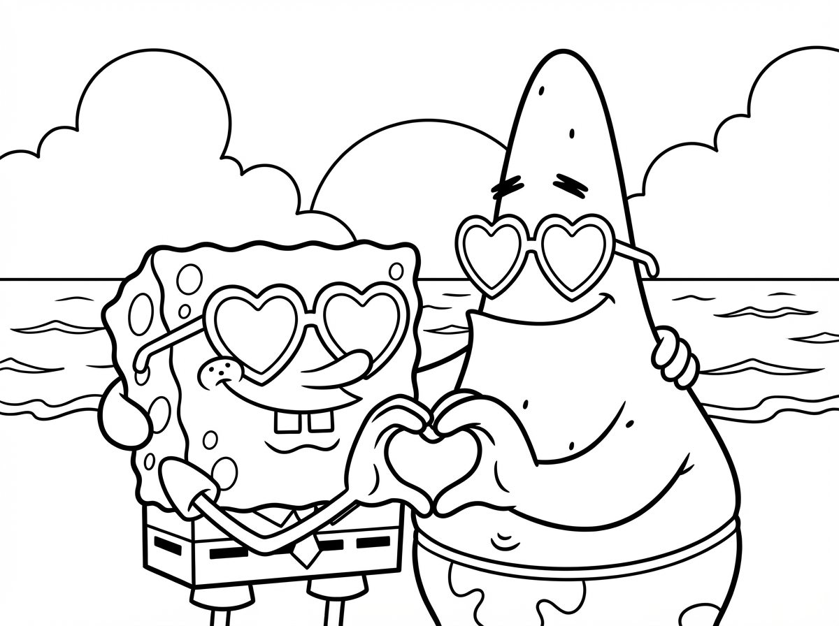 בובספוג ופטריק עושים לב ביד ביחד עם משקפי שמש לבבות לשתיהם בשקיעה