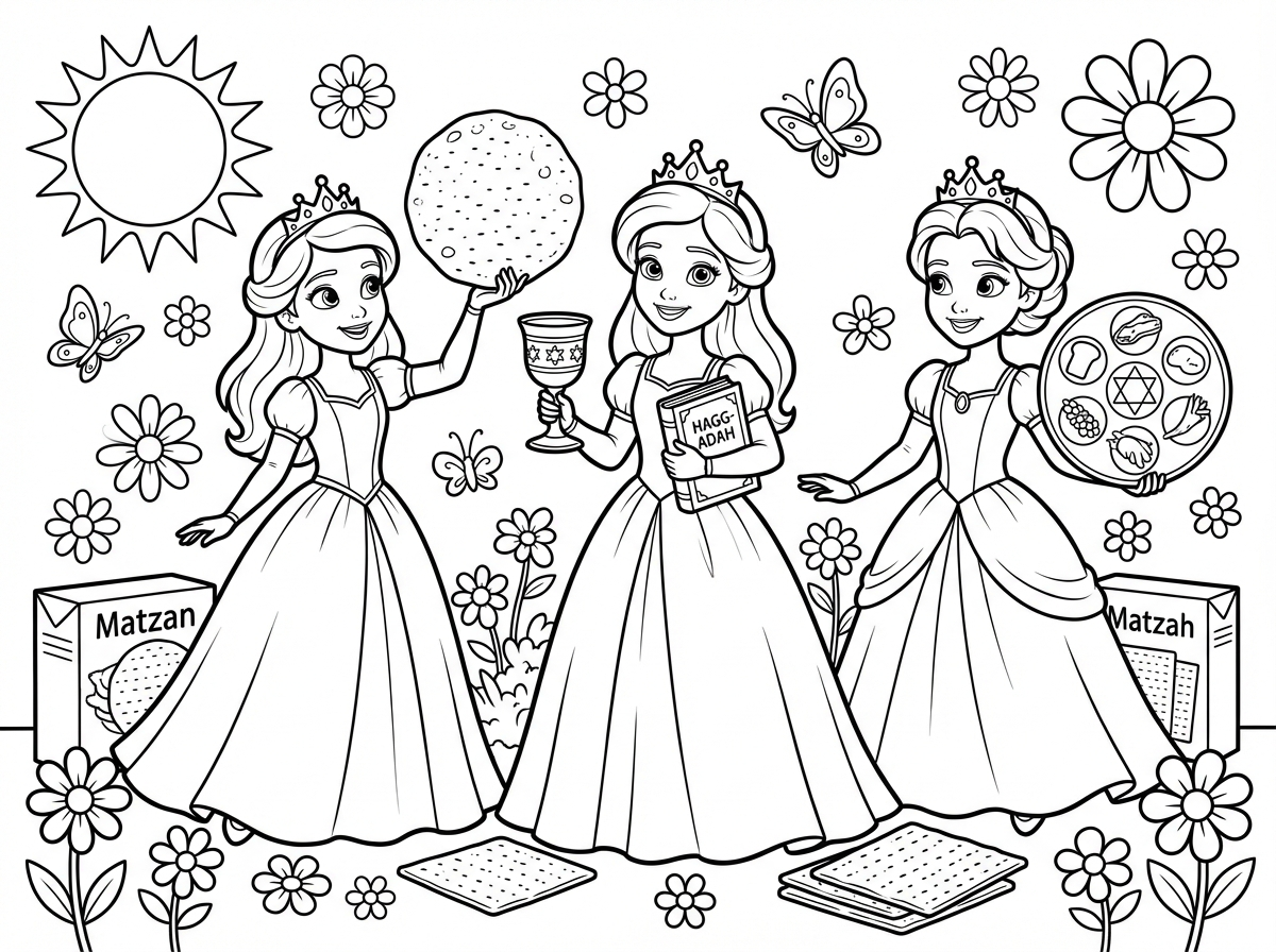 תצייר  דמויות של נסיכות גדולות וברורות וקלות לצביעה שיהיה מסביב שמש, פרחים, פרפרים ופריטים של פסח כמו מצות בסגנון מצויר של פיקסאר בקווים פשוטים לילדים קטנים