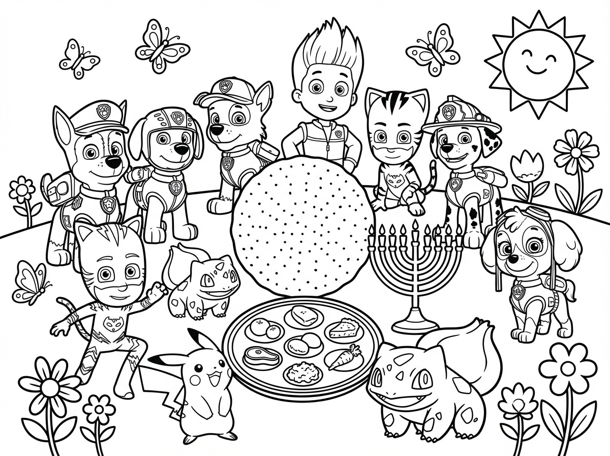 תצייר  דמויות של יחידת החילוץ כמו צייס, זומא, רוקי, ריידר, מארשל, סקיי, רוקסי, ילד חתול של כוח פיגיי ופוקימונים שיהיה מסביב שמש, פרחים, פרפרים ופריטים של פסח כמו מצות בסגנון מצויר של פיקסאר בקווים פשוטים לילדים קטנים