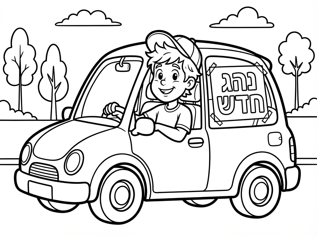 תמונה של ילד צעיר יפה נהג חדש נוהג עם שלט נהג חדש מאחורה יפה. תודה רבה.