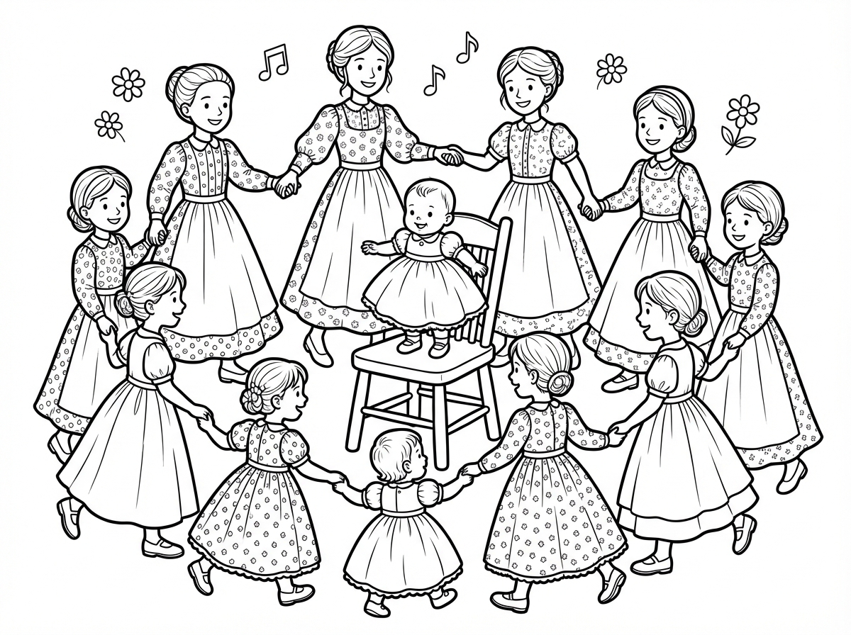 אפשר דף צביעה של 10 בנות בגילאים שונים לבושות בצניעות עם שמלות מנופחות ארוכות וחגיגיות מחייכות ורוקדות מסביב לתינוקת שעומדת על הכיסא עם שמלה מנופחת