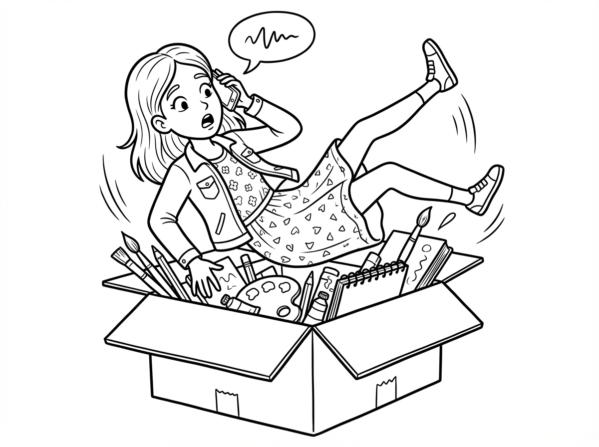 ילדה בת 15 הולכת מגונדרת עם ראש למעלה ולא מביט בדרך
 ומדברת בטלפון
והיא נופלת פיתאון  בקופסת צבעים