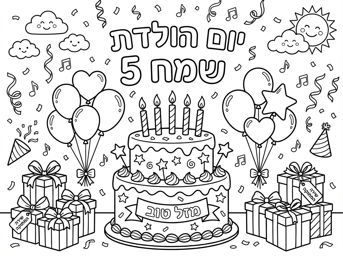דף צביעה 
יום הולדת שמח 5
מזל טוב
 שירה המתוקה