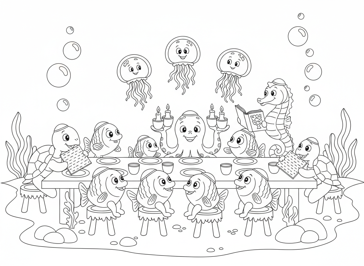 ליל הסדר מתחת לים - דגים יושבים סביב שולחן סדר על קרקעית האוקיינוס, צבי ים אוכלים מצות, תמנון מחזיק ארבע כוסות בארבע זרועות, מדוזות כנרות מרחפים, וסוסון ים קורא את ההגדה