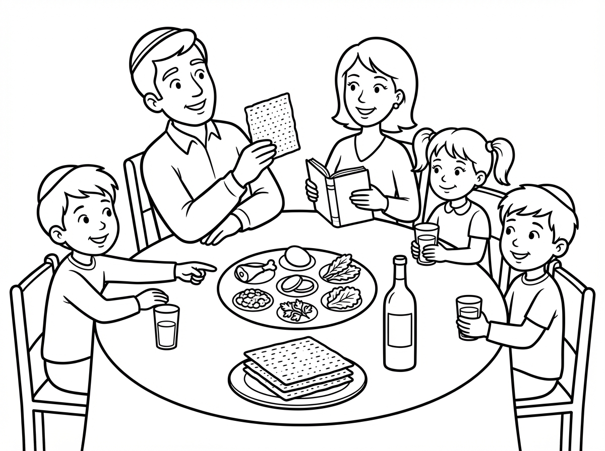 משפחה של שתי בנים ובת אחת ואבא ואמא, יושבים סביב השולחן לליל הסדר עם כוסות סכוכית לכל אחד ובקבוק יין ומצות וכערת ליל הסדר