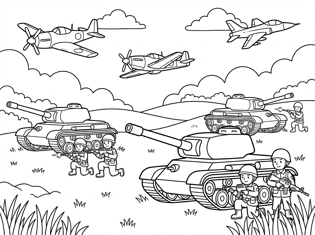 צור לי טנקים בשטח ומטוסים צבאיים באוויר וחיילים ליד הטנקים שיורים מהנשק