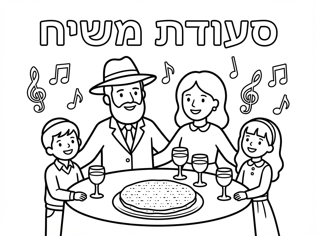 תיצור לי ציור לצביעה משפחה חבדניקית יושבת בבגדים חגיגים עליד השולחן  מצה אחת ו4 כוסות יין . תווי נגינה שהמשפחה שרה ומעל כתוב סעודת משיח