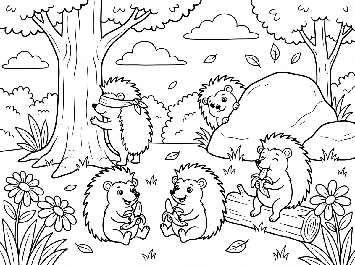 חמישה קיפודים משחקים מחבואים ואוכלים בננות