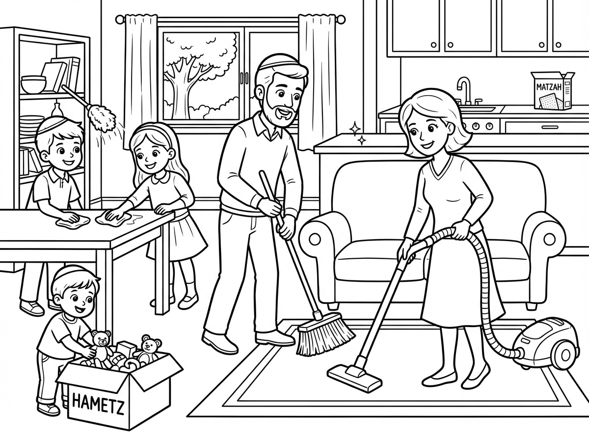 ציור של כל המשפחה מנקה לפסח