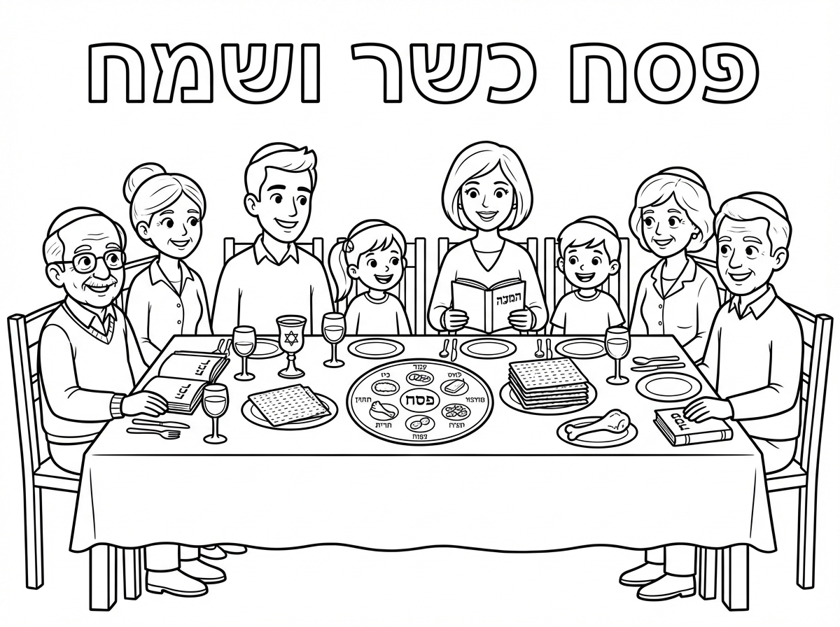 ציור של שולחן ליל הסדר עם כל המשפחה מסביב 
עם הכיתוב פסח כשר ושמח