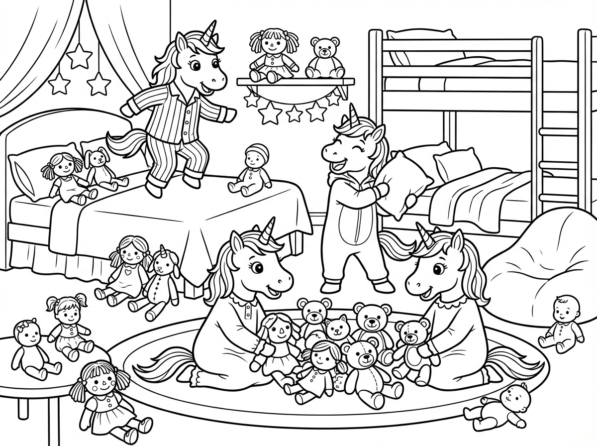 חד קרן, עם פיג'מה ועוד מלא חד קרנים במסיבת פיג'מות. מלא, מלא, מלא, מלא, מלא חד קרנים ושהם בחדר מפוצץ עם בובות.