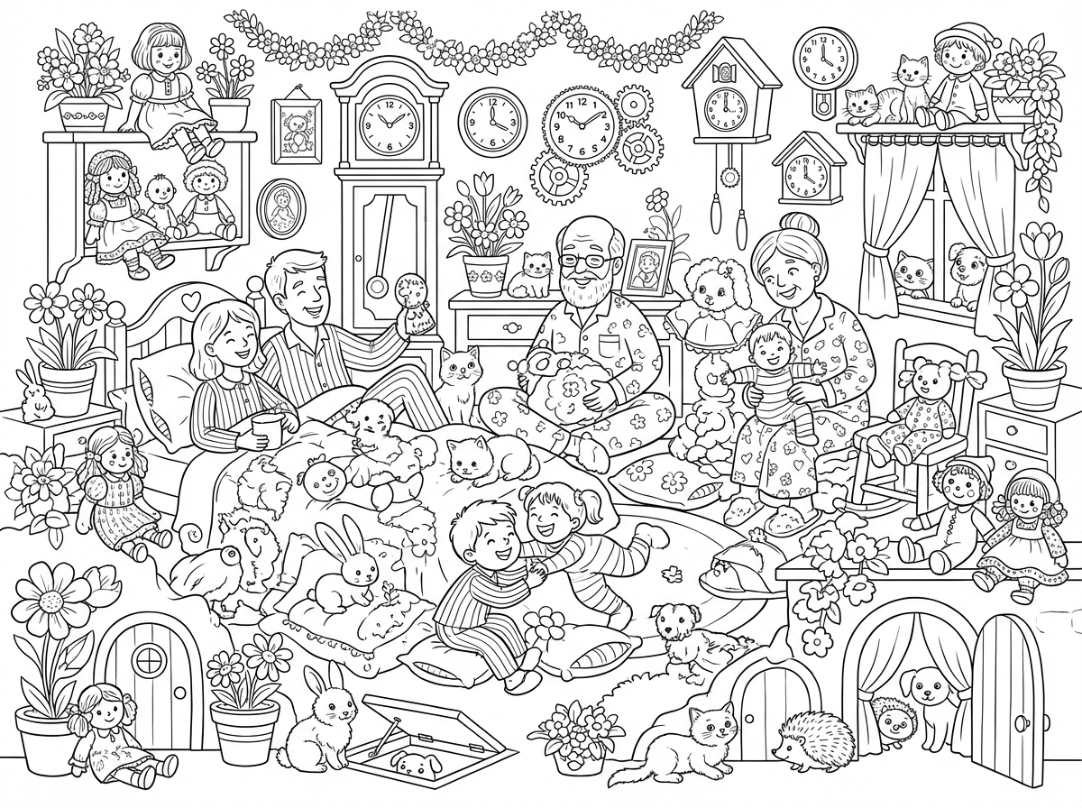 חדר עם מלא בובות, עם מלא פרחים, עם מלא שעונים, עם חדרי מסתורים בתוך החדר הזה, ומלא דברים, ומלא דברים וכל המשפחה ביחד, עם מלא בובות ומלא כריות, ומסיבת פיג'מות, עם ארנבים, עם דברים, עם חיות חמודות, עם קוטר מערבית ומלא דברים, ועם ועם ההזדה ביחד.