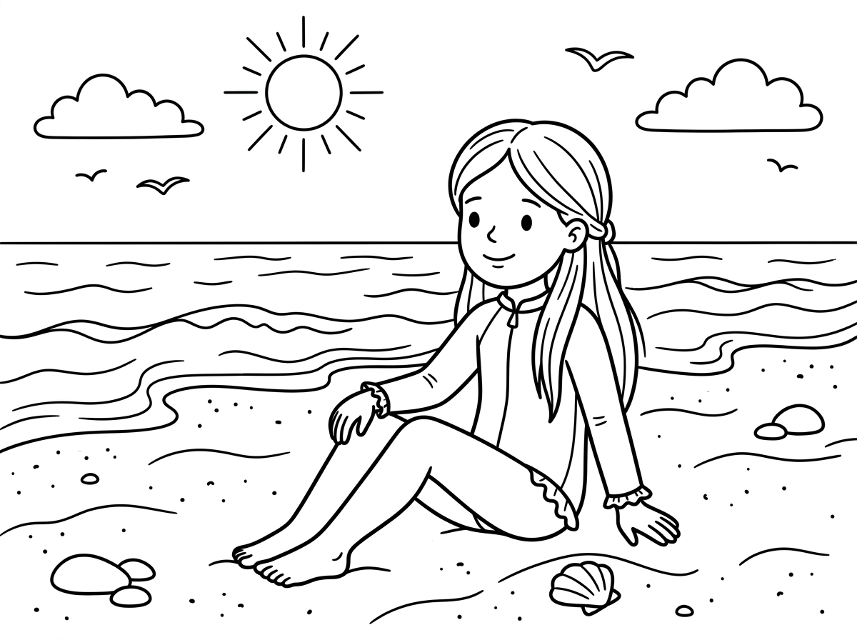 היי תוכל ליצור לי ילדה בת 6 יושבת על חוף הים יש לה שיער בלונדיני ארוך וחלק יש לה שרוולים ארוכים פתח צוואר סגור יש בגד 👗 ים 🌊 בצבע ורוד