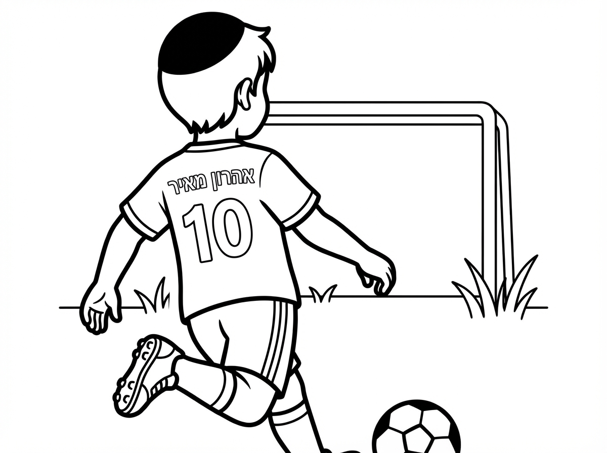 גב של ילד חרדי עם כיפה שחורה ללא פיאות ארוכות שחקן כדורגל שלובש חולצת שחקן ורשום עליה הספרה 10 והשם אהרון מאיר