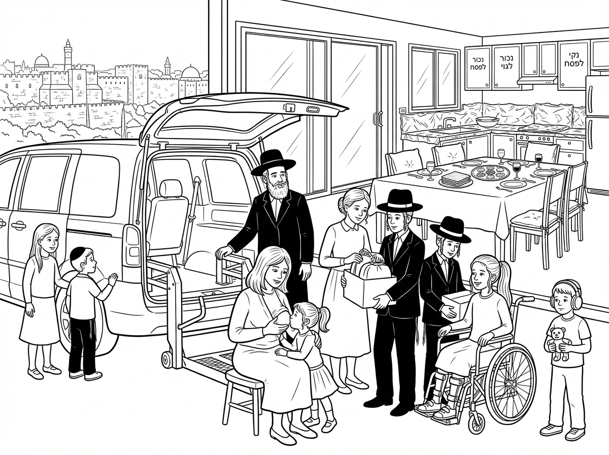 דף צביעה של
משפחת כהן
משפחה חרדית הכוללת הורים אבא עם כובע ישבתי ואמא עם פאה נכרית, בחורה בגיל 16, בחור בגיל 14 ובחור נוסף בגיל 13 ילדה על כסא גלגלים בגיל 12 עם חצאית וקוקו ארוך, ילדה קטנה בגיל 4 שממנה, עם חצאית וקוקו ארוך, וילד אוטיסט עם אוזניות, ועד שני ילדים בגלאיים 9 ו7 כולם חרדים.
יוצאים לטיול משפחתי, עם הרכב המשפחתי הגדול שיש לו מעלון מאחור
המשפחה ליד הרכב 
ברקע נראה הבית מסודר כבר לליל הסדר כולל כריות בכסאות וקערת ליל הסדר, מטבח מסודר שיש עם ציפוי ניר כסף, על חלק מהארונות מטבח כתוב נכור לגוי, ועל חלקם כתוב נקי לפסח.
ברקע רואים את העיר העתיקה בירושלים.