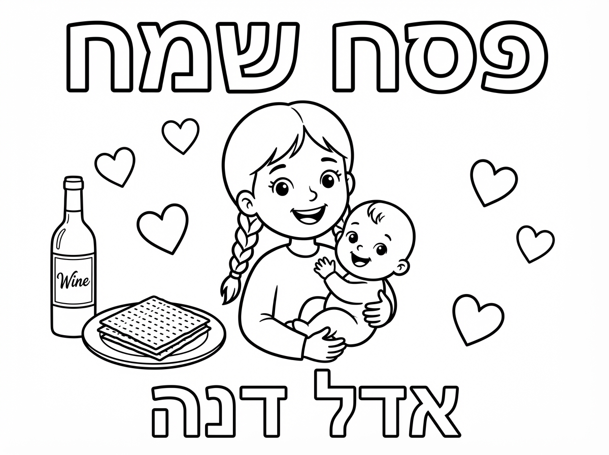 שיהיה כתוב פסח שמח
ויראו ילדה מחזיקה תינוקת עם יין ומצות ולבבות מסביב
ויהיה כתוב גם אדל דנה.