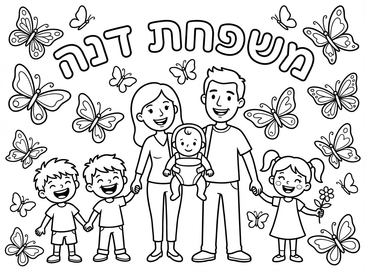 שיהיה  כתוב משפחת דנה
ארבע ילדים: תינוקת ,2 בנים ובת. ושני הורים
פרפרים מסביב.