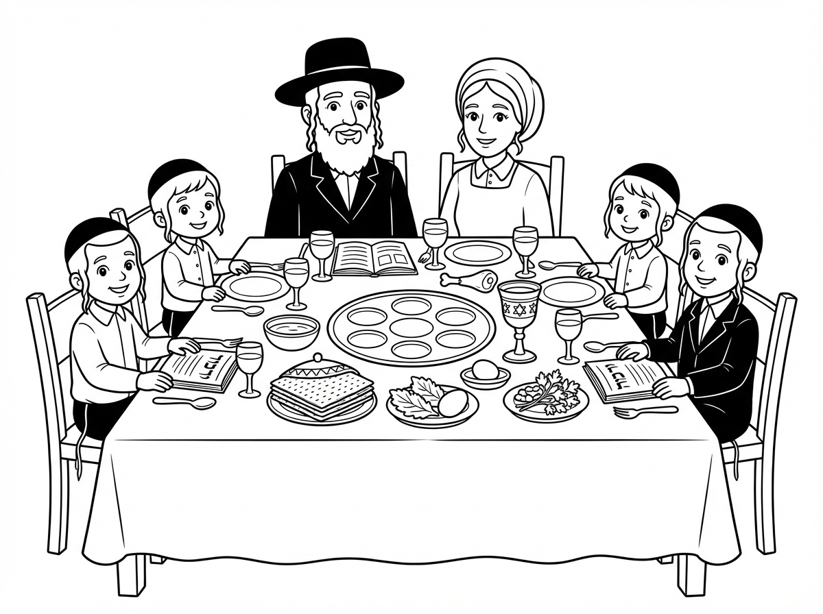 תכין לי בבקשה ציור שרואים בו את כל המשפחה יושבת סביב השולחן בליל הסדר, שיהיה שולחן ערוך יפה