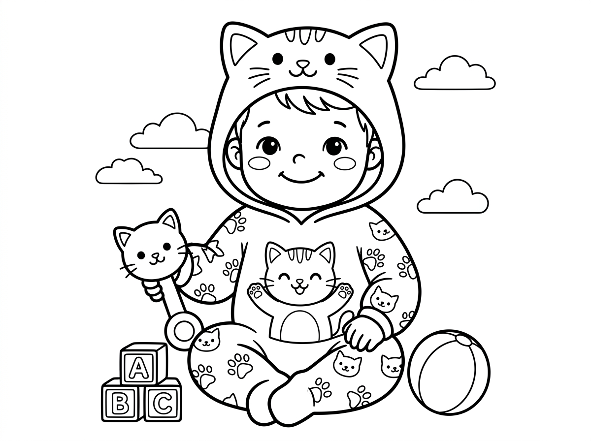 משפחת ילד תינוק חמוד שיש לו פיג'מה של חתלתול.