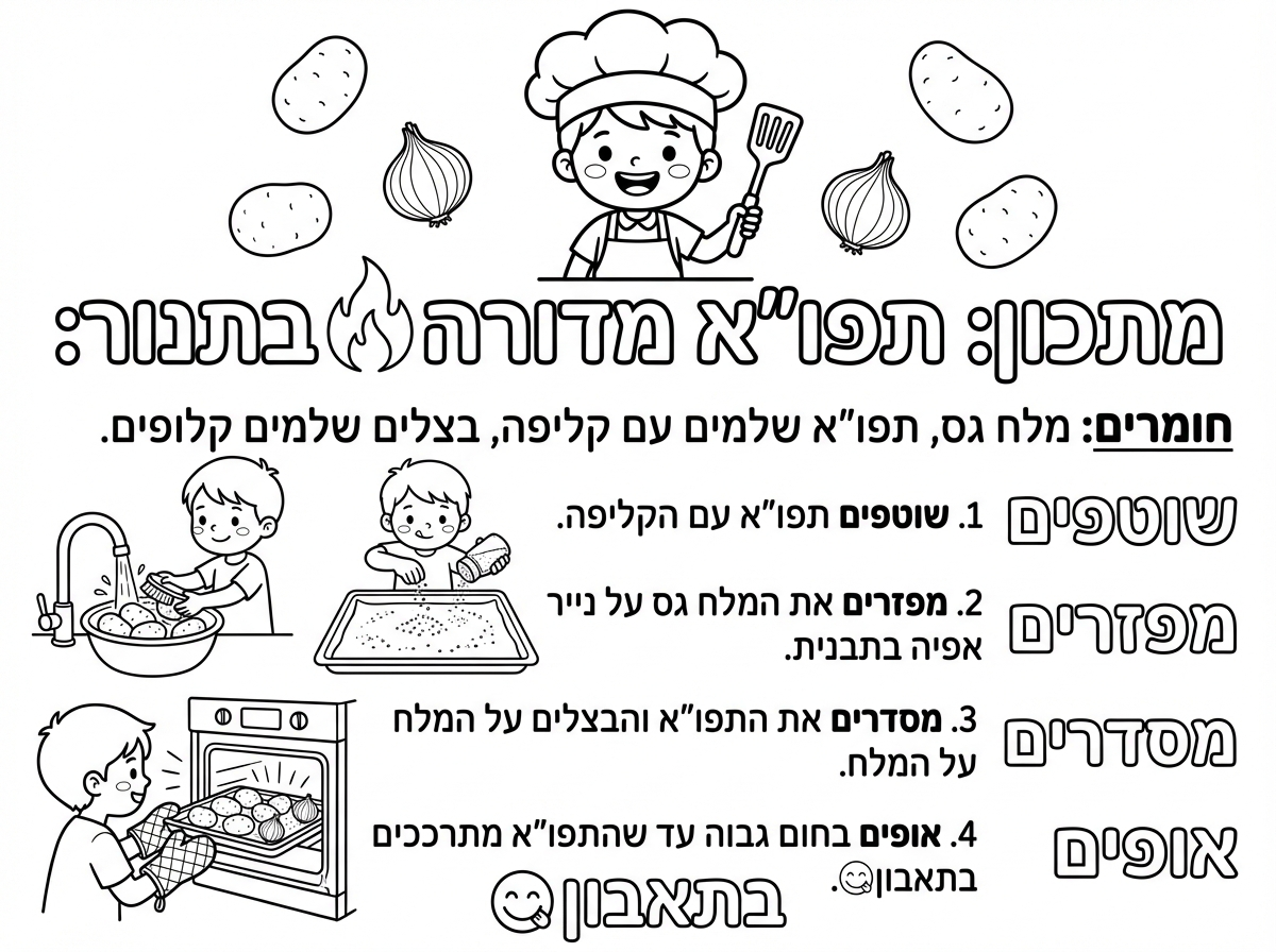 דף צביעה המחשה של מתכון לפי שלבים:
מלל ואיור של ילד עם סינר וכובע של שף
המתכון:
תפו"א מדורה🔥בתנור:
חומרים: 
מלח גס,תפו"א שלמים עם קליפה,בצלים שלמים קלופים
שלבי ההכנה:(להדגיש את המילה הראשונה- הפעולה בכל שלב: שוטפים/מפזרים/מסדרים/אופים)
1. שוטפים תפו"א עם הקליפה
2. מפזרים את המלח 
 גס על נייר אפיה בתבנית 
3. מסדרים את התפו"א והבצלים על המלח  
4. אופים בחום גבוה עד שהתפו"א מתרככים בתאבון😋
5. ליד כל ילד שעושה את הפעולה לכתוב את הפעולה