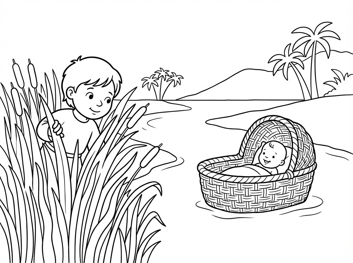 מעולה, תודה! עכשיו אני רוצה תמונה של מרים הילדה מתחבאת מאחורי קני הסוף וצופה בתיבה בה נמצא משה התינוק שטה ביאור