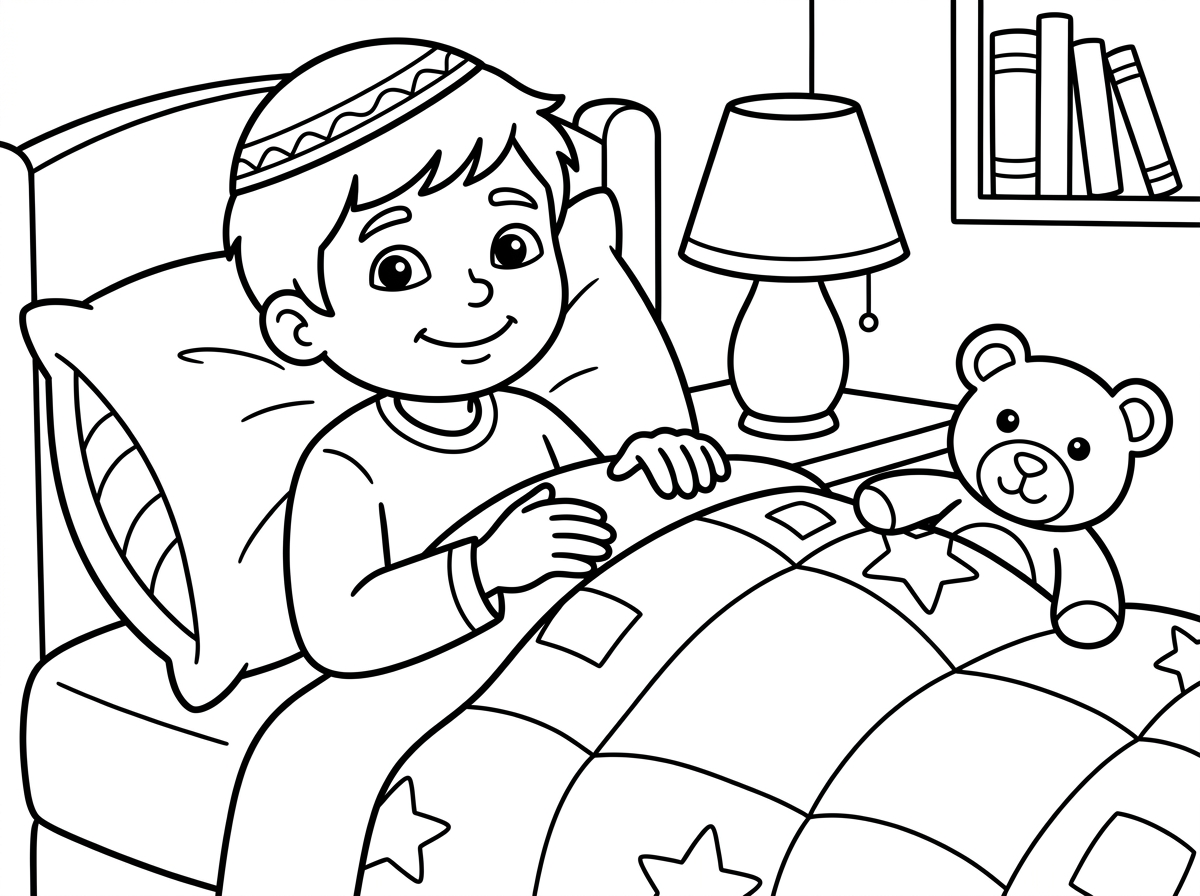 צייר לי ציור של ילד במיטה עם כיפה על הראש