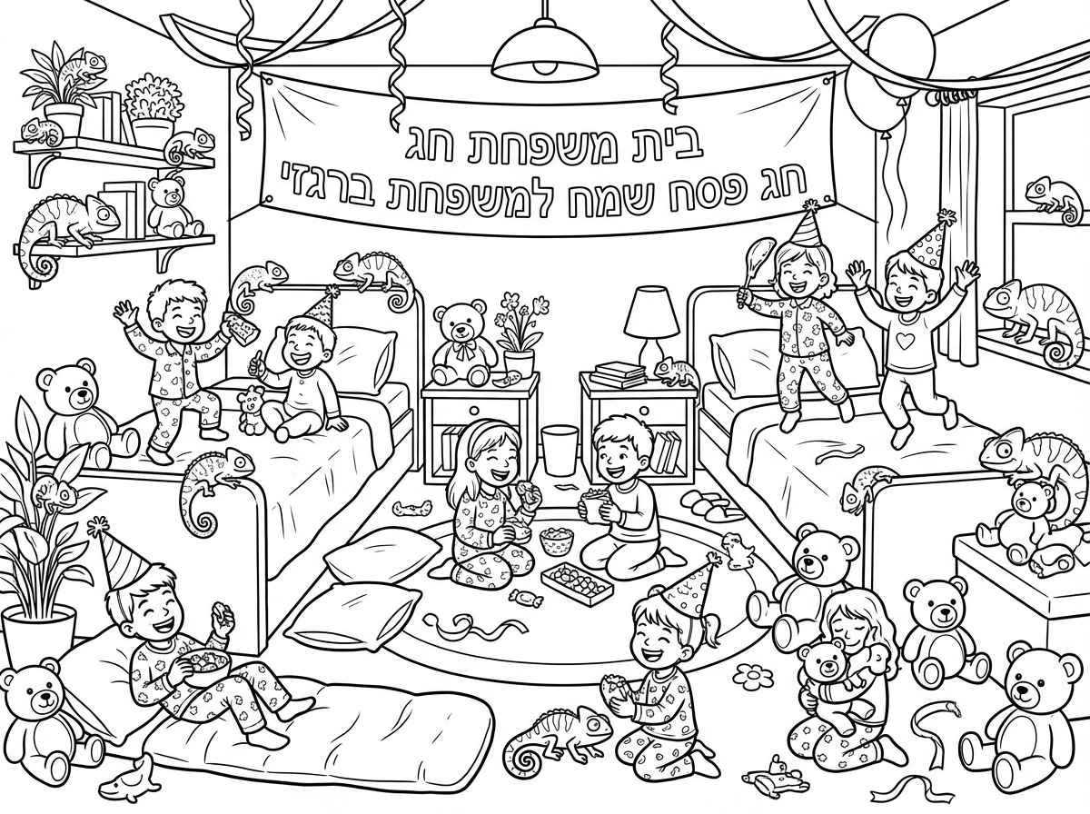 מלא חרדומים סטורים בתוך חדר אחד, ושיש שם מלא ילדים במסיבת פיג'מות ומלא דובונים ומלא דברים, והכי טוב שלט שכתוב עליו בית משפחת חג חג פסח שמח למשפחת ברגזי.