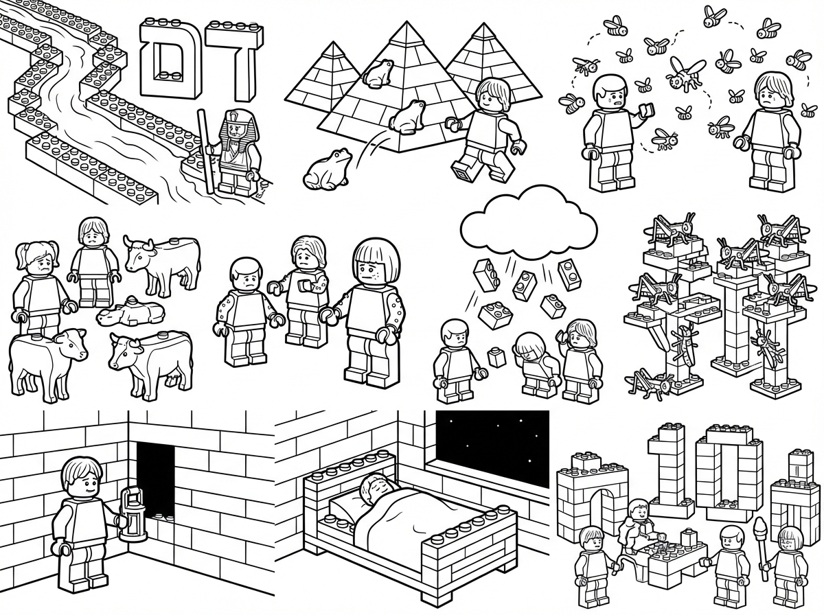 אתה יכול להכין לנו דף עם 10 מכות מצרים מלגו? דמויות מלגו או רקע מלגו. נגיד מכת דם אז המילדה דם רשומה בלגו והנילוס מלגו.