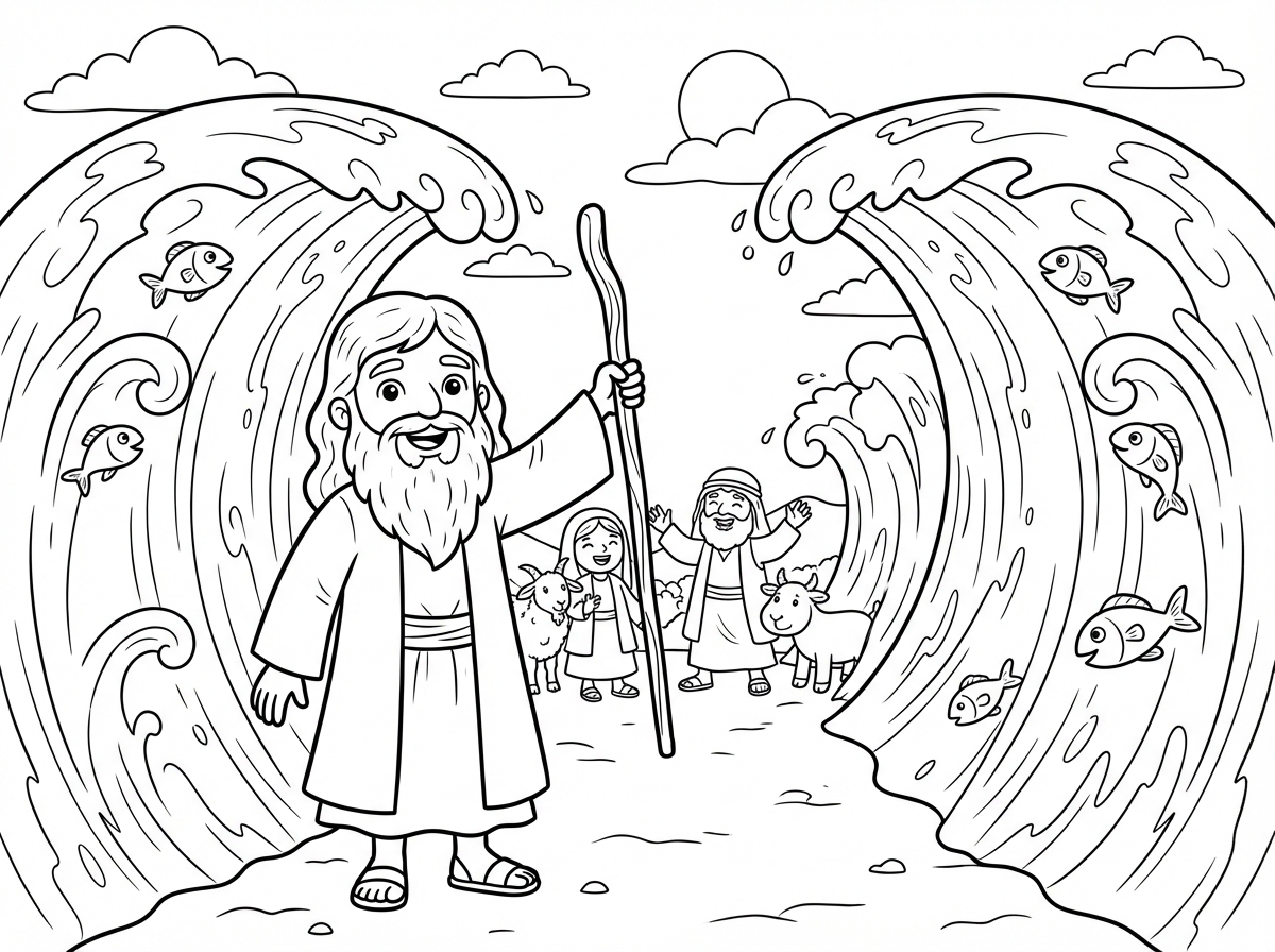 משה בקריעת ים סוף מול הים שנפתח שמח