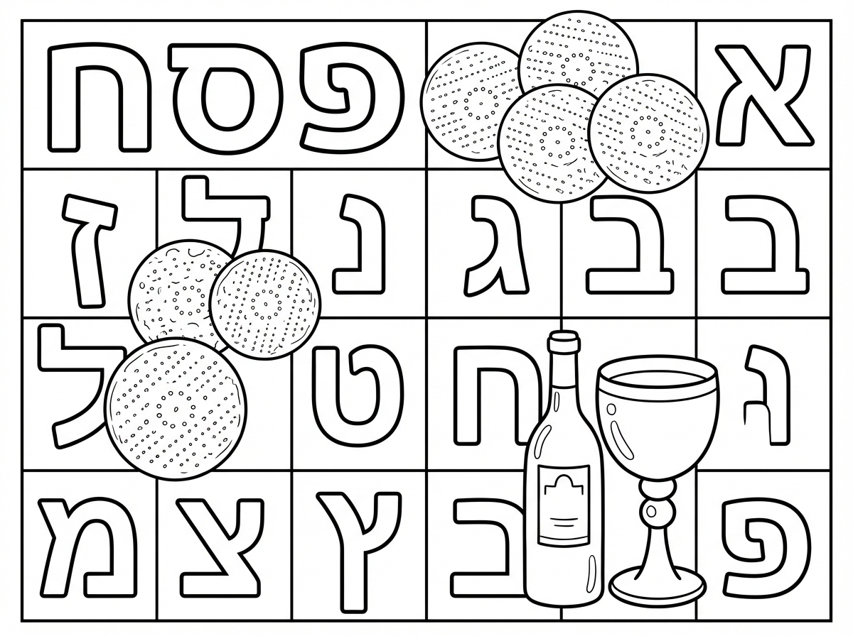 שלום,
צור בבקשה דף צביעה מחולק לפי אותיות א-מ, בדף יהיה כתוב את המילה פסח (אותיות חלולות), ציור של מצות עגולות, בקבוק יין וגביע