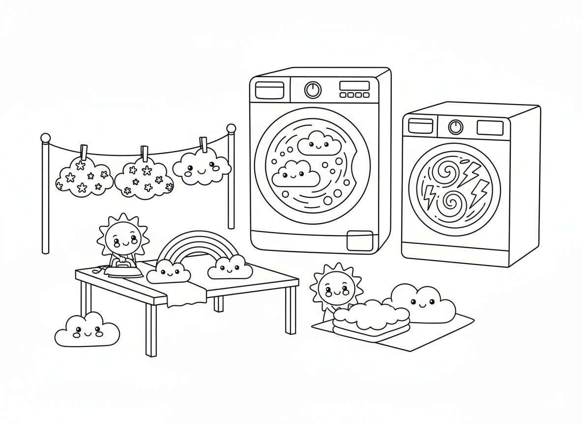 מכבסה של עננים - ענני גשם מתכבסים במכונת כביסה ענקית, ענני שלג תלויים על חבל כביסה להתייבש, ענני רעם במייבש מסתובבים, ענן קשת מגוהץ, ושמשות קטנות מקפלות עננים נקיים
